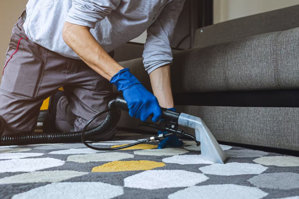 A man cleaning a carpet with a vacuum, illustrating a carpet restoration service located in San Jose, CA.