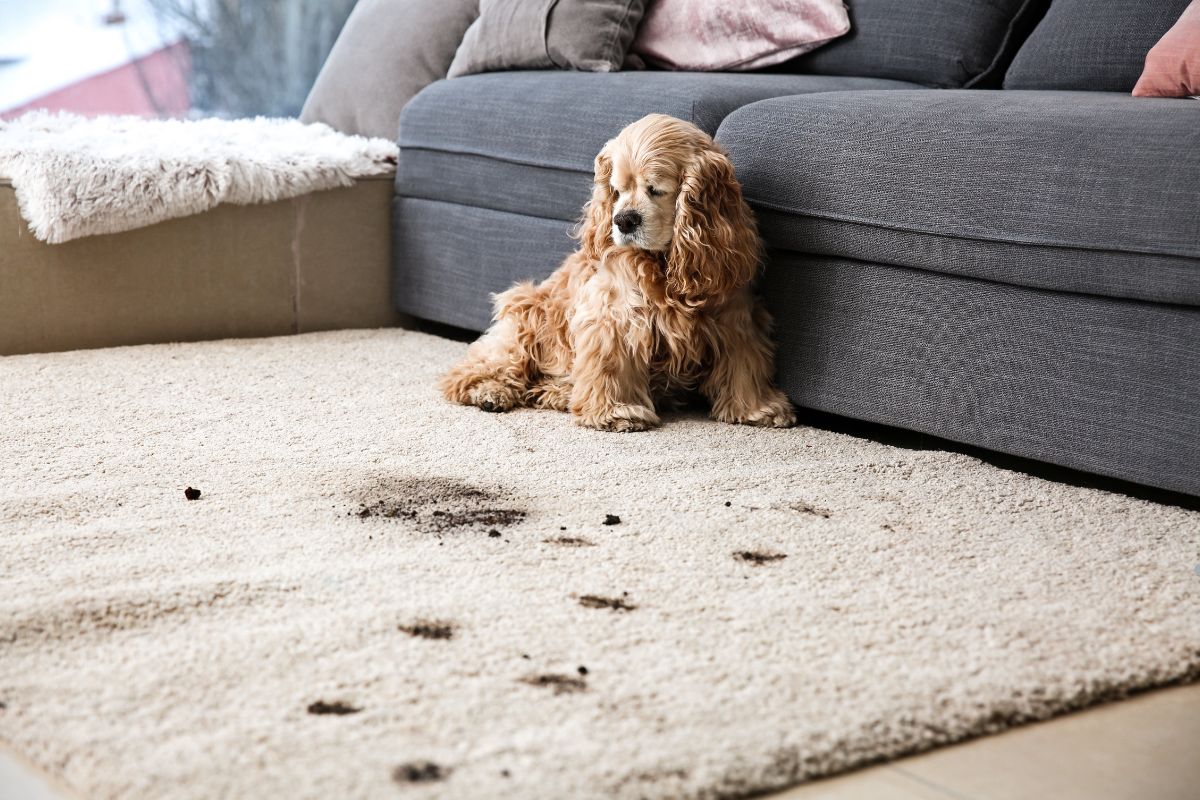  A dog sitting on a rug in front of a couch, highlighting the need for carpet cleaning.