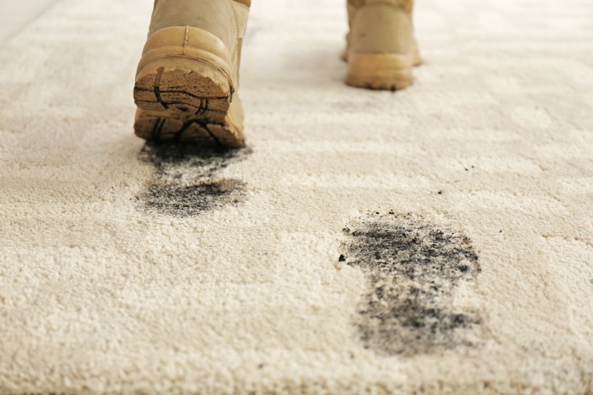 A person walking on a stained carpet, highlighting the need for carpet cleaning due to visible black stains.